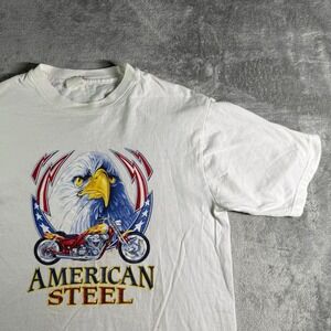 Vintage American Steel T-Shirt Mens Small White Eagle Motorcycle Graphic Tee